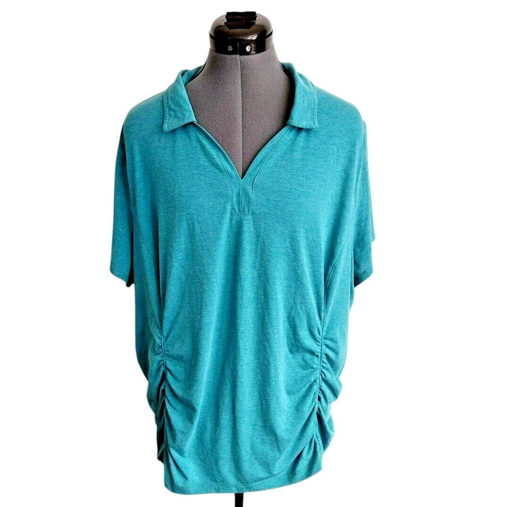 Duluth Trading Co Womens 2XL Teal Heather Ruched Side Short Sleeve Polo Shirt